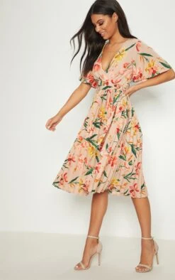 Pink Pleated Floral Midi Dress
