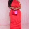 Plus Red Slinky Ruched One Shoulder Longline Midi Dress