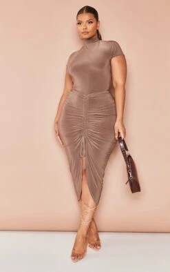 Plus Mocha Slinky Ruched Front Midi Skirt