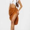 Brown Ruched Side Midi Skirt