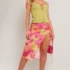 Pink Blurred Floral Print Woven Ruched Detail Midi Skirt