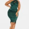 Plus Emerald Green One Shoulder Corset Ruched Satin Midi Dress