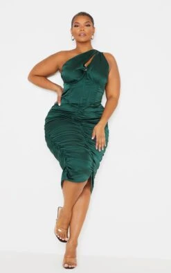 Plus Emerald Green One Shoulder Corset Ruched Satin Midi Dress