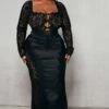 Plus Black Satin Lace Detail Midi Skirt