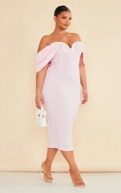 Plus Baby Pink Textured Bardot Midi Dress -VelvetMuse Store a33f0a4a313e94e7f612d37e4d4bf4e99fbd408a cnd2790 3
