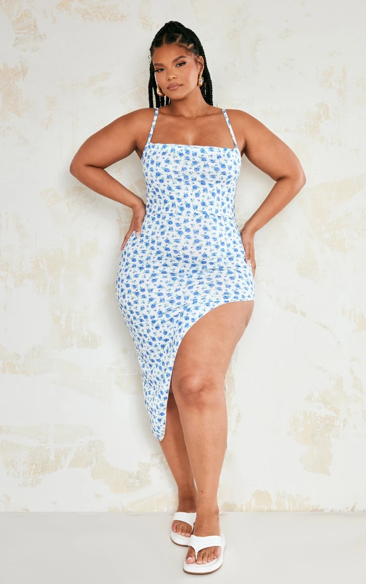 Plus Blue Ditsy Floral Lace Up Back Asymmetric Hem Midi Dress 3 Plus Blue Ditsy Floral Lace Up Back Asymmetric Hem Midi Dress - Image 3