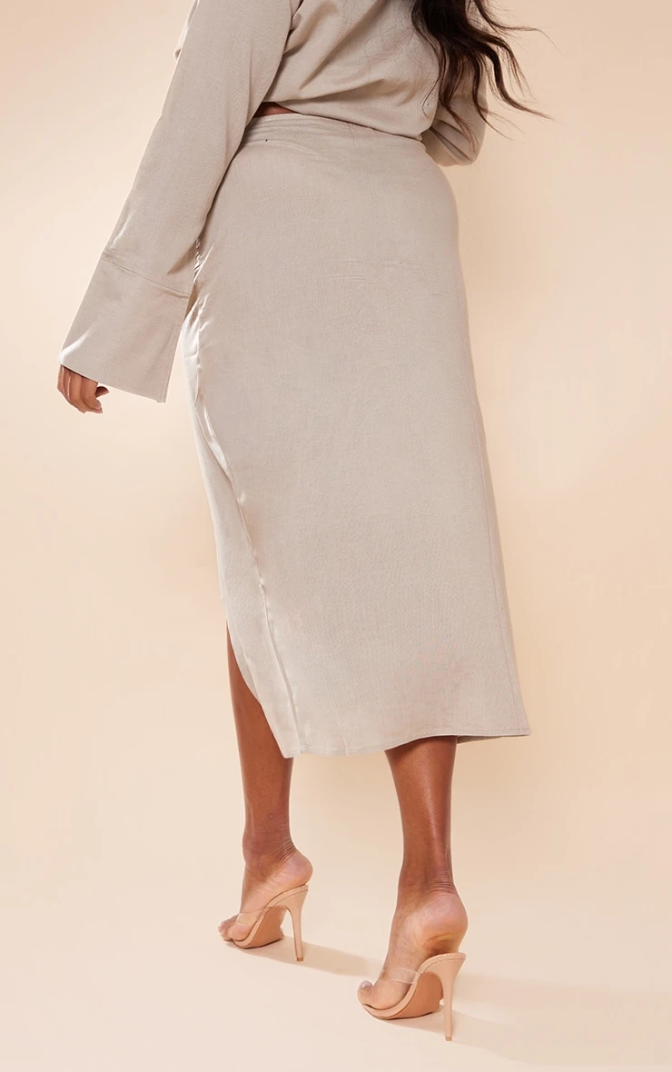 Plus Stone Linen Look Drape Front Midi Skirt 3 Plus Stone Linen Look Drape Front Midi Skirt - Image 3