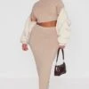 Plus Beige Ribbed High Waist Midi Skirt