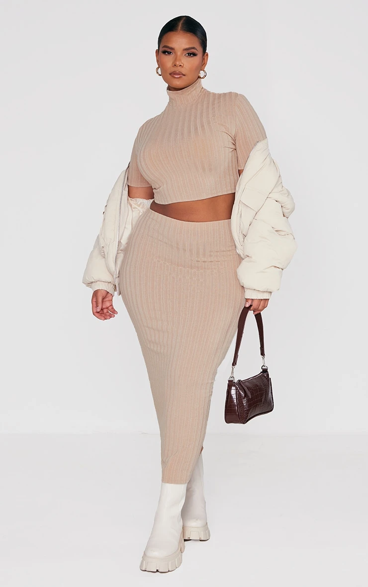 Plus Beige Ribbed High Waist Midi Skirt 1 Plus Beige Ribbed High Waist Midi Skirt