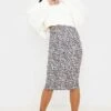 White Leopard Print Rib Midi Skirt