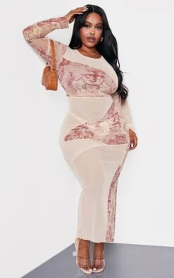Plus Brown Statue Printed Contrast Mesh Midi Dress