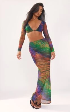 Multi Palm Tree Print Mesh Low Rise Midaxi Skirt