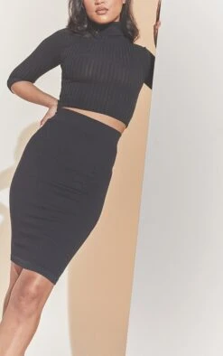 Basic Black Structured Snatched Rib Midi Skirt -VelvetMuse Store ad2755b2ac08522c9c1949a9c9f3059bdb4657c9 cmp2715 5