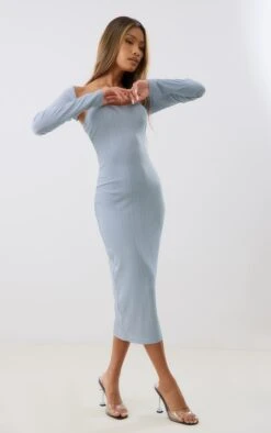 Steel Blue Textured Rib Bandeau Sleeve Detail Midi Dress -VelvetMuse Store ad3def1ef785d2a3e83d26a6e138a03b1cb98317 cnd6103 3