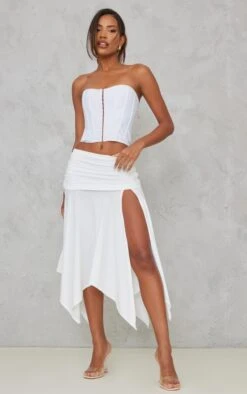 White Soft Touch Ruched Asymetric Midi Skirt