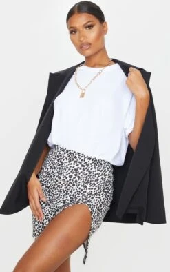 White Leopard Print Rib Split Front Mini Skirt