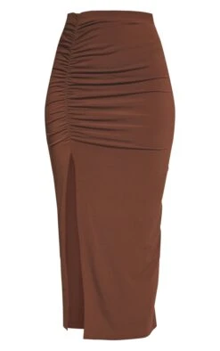 Chocolate Brown Slinky Ruched Side Midi Skirt -VelvetMuse Store aed469b0adf50127909f5c70ecb069943ed26f43 cnc6320 5