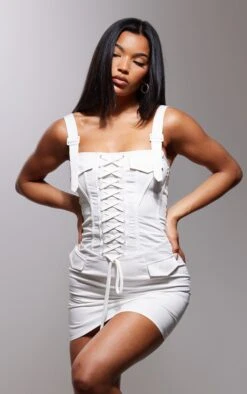 Cream Cargo Lace Up Detail Buckle Strap Bodycon Dress