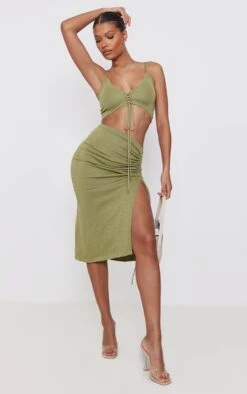 Olive Knitted Ruched Side Midaxi Skirt