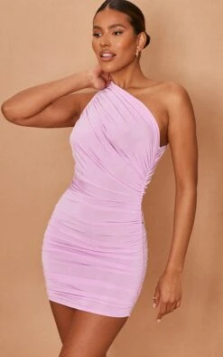 Lilac Slinky Ruched One Shoulder Bodycon Dress
