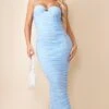 Light Blue Mesh Ruched Underwire Detail Strappy Midaxi Dress