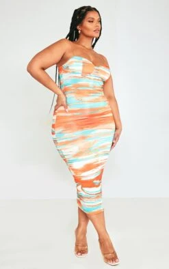 Plus Orange Abstract Print Crinkle Rib Cup Detail Midi Dress -VelvetMuse Store b222054cbe6935bfdee7f4fbe587d6a577ba96f8 cnd4899 3