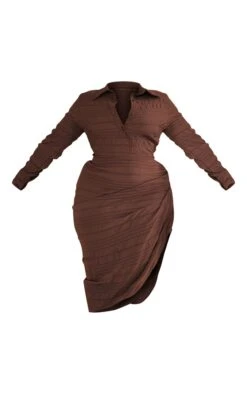 Plus Chocolate Textured Ruched Side Midi Shirt Dress -VelvetMuse Store b337e2152fcf2dd95722835488d864ddf7e194e6 cnc5211 5