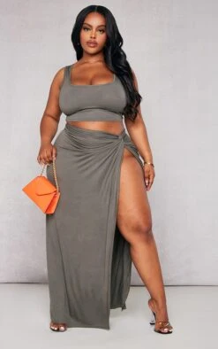 Plus Khaki Jersey Thigh Split Midi Skirt