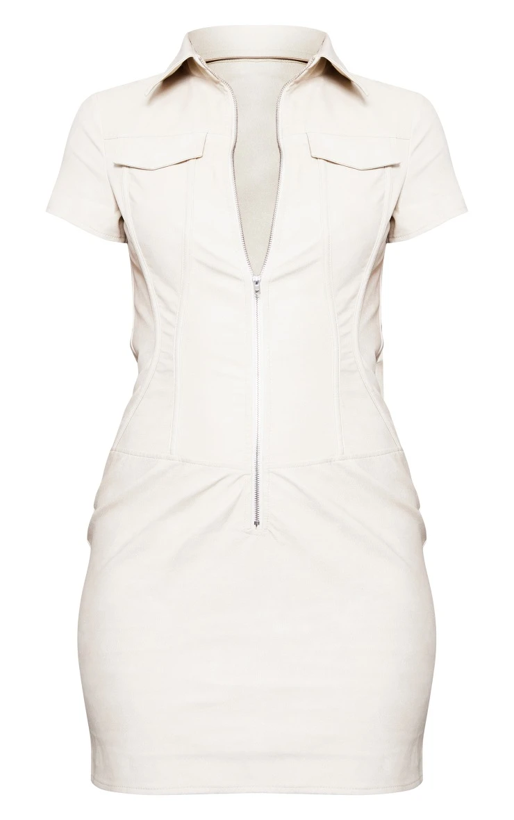 Cream Faux Leather Binding Detail Zip Through Bodycon Dress 5 Cream Faux Leather Binding Detail Zip Through Bodycon Dress - Image 5