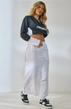 White Shell Contrast Piping Midi Skirt