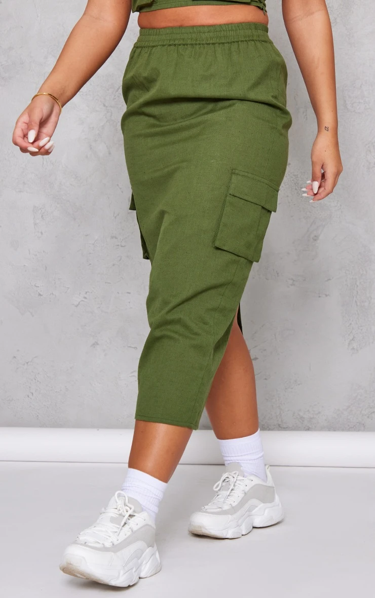 Khaki Linen Look Cargo Pocket Midi Skirt 2 Khaki Linen Look Cargo Pocket Midi Skirt - Image 2