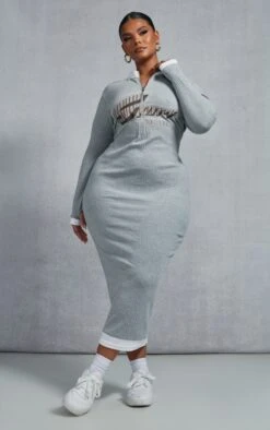 Plus Grey Marl Printed Rib Zip Up Midi Dress