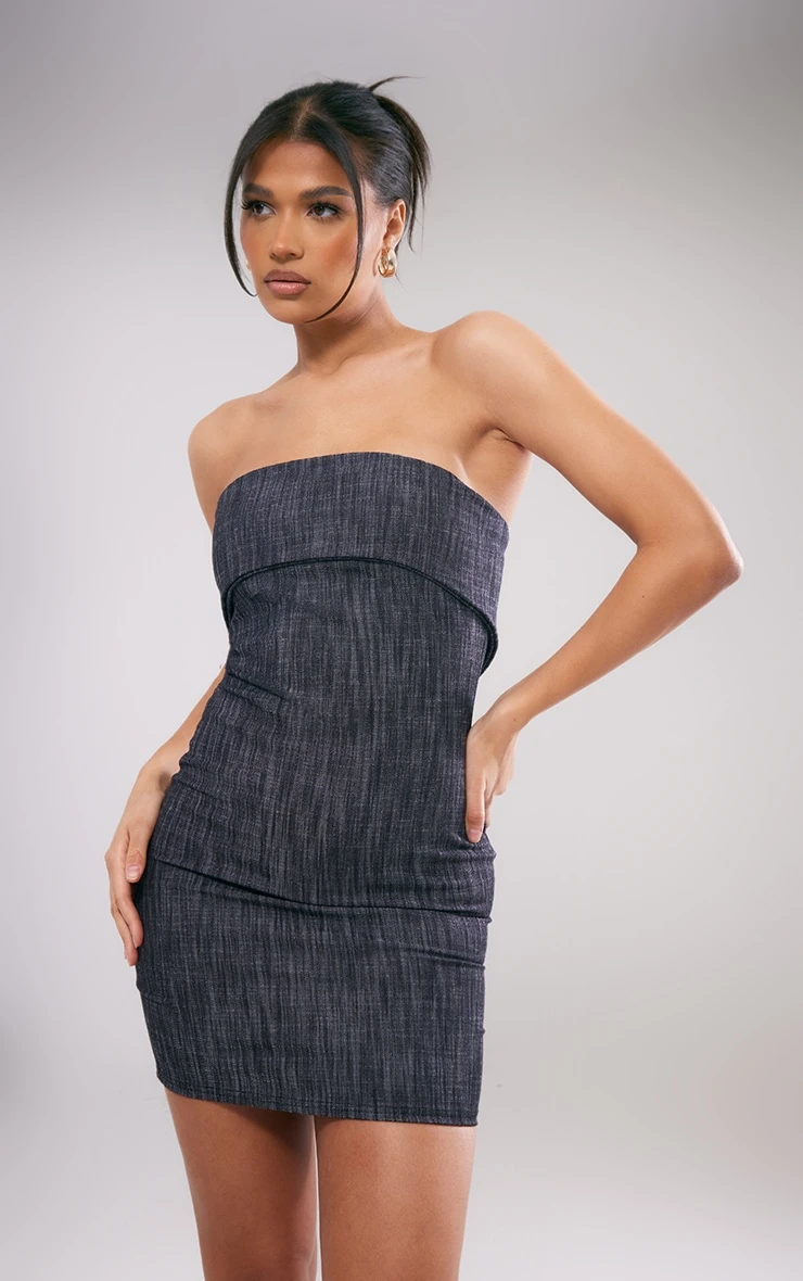 Charcoal Textured Woven Fold Over Bandeau Bodycon Dress 1 Charcoal Textured Woven Fold Over Bandeau Bodycon Dress