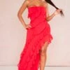 Shape Red Woven Frill Edge Bandeau Split Leg Maxi Dress