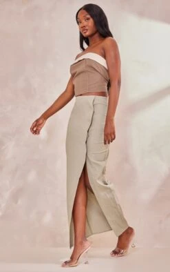 Tall Khaki Linen Look Skirt With Split