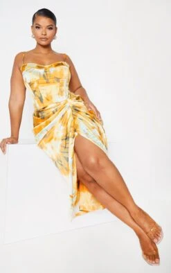 Plus Orange Tie Dye Ruched Side Midi Skirt