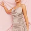 Mauve Satin Cowl Ruched Frill Hem Strappy Bodycon Dress