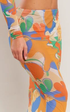 Orange Palm Tree Print Mesh Low Rise Midaxi Skirt -VelvetMuse Store c1294a7c1219a7c629b40c501b39a8ec3762dc06 cne2666 4