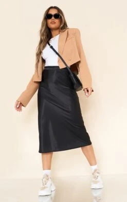 Black Satin Bias Cut Midi Skirt