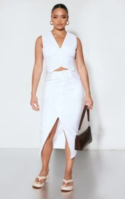 White Linen Look Split Front Midi Skirt