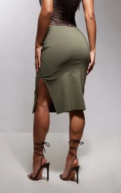 Khaki Stretch Woven Split Leg Midi Skirt -VelvetMuse Store c3684695f7c0638c737c5c275ffe2da54711e3d4 cnc2747 3
