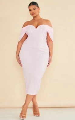 Plus Baby Pink Textured Bardot Midi Dress