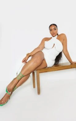 Plus White Corset Ruched Linen Look Bodycon Dress