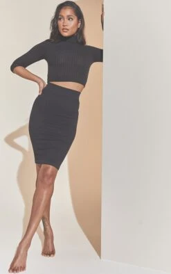 Basic Black Structured Snatched Rib Midi Skirt