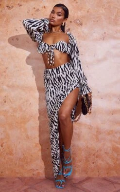 Black Zebra Print Woven Ruched Side Detail Split Leg Midaxi Skirt