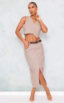 Taupe Linen Look Split Front Midi Skirt