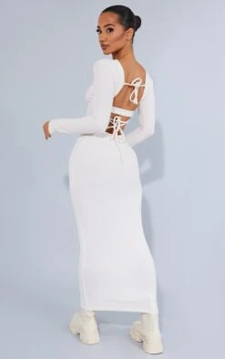 Petite Oatmeal Ribbed Lace Up Longsleeve Midi Dress