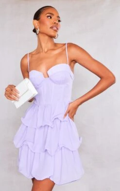 Lilac Chiffon Pleat Cup Detail Frill Bodycon Dress