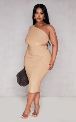 Plus Stone Slinky One Shoulder Midi Dress
