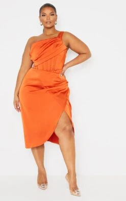 Plus Orange Satin Drape Detail Side Split Midi Dress -VelvetMuse Store cb54d54db159016ec243eab9d16bde606ac29326 cmu5772 4